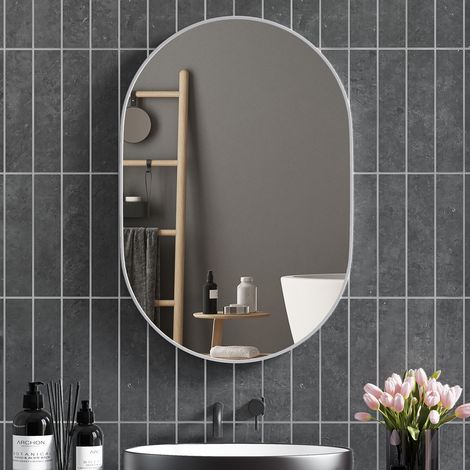 Miroir ovale salle bain décoratif mural cadre alu salon horizontal/vertical argenté 60x90 cm