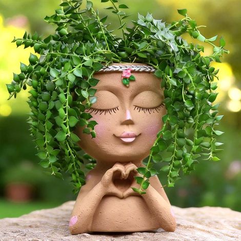 Pot de fleurs en forme de visage avec une main en forme de cœur - pot de fleurs avec une tête en résine - et jolis pots pour plantes grasses - 12,5 x 7 x 8 cm (1/3)