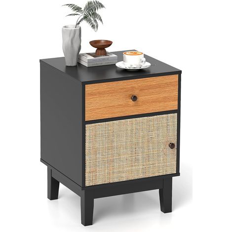 Comodino in rattan stile medievale con cassetto e armadietto Tavolino boho con gambe in legno Nero Marrone (1/4)