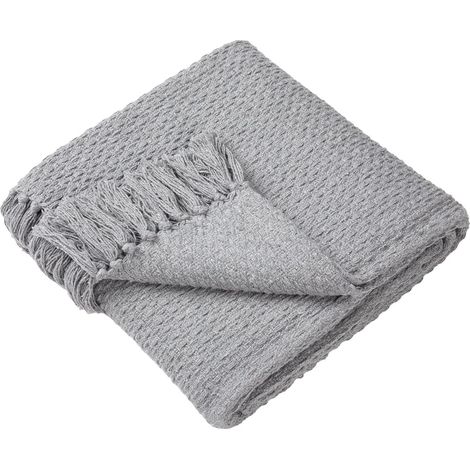 Jeté Gris avec Pompon Coton Recyclé Durable Couverture Tissée Grise Tissé en Panier Couverture Texturée pour Canapé Gris Jet de Lit Grand (1/4)