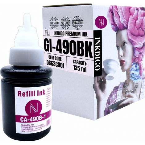Inchiostro Inkdigo GI490BK compatibile con Canon Pixma G1400 G2411 G3411 G1411, certificato TÜV. (1/5)