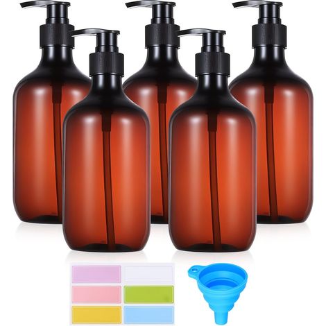 5 Pcs Distributeur Savon Liquide Douche Cuisine Salle de Bain,500ML Distributeur de Savon,Distributeur Gel Douche,Flacons Vides à Pompe pour Shampoing, Lotion, Gel Douche + Entonnoir/étiquette (1/5)