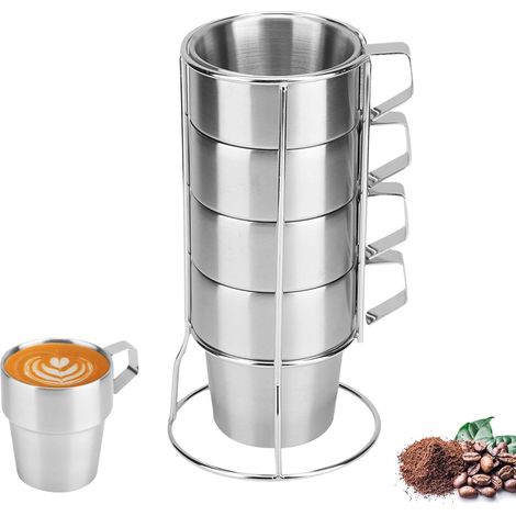 Ensemble de 4 tasses en acier inoxydable de 300 ml, tasses à café empilables en métal avec support pour le camping en plein air (poignée carrée - 304, ensemble de quatre tasses, 301 - 400 ml) (1/3)