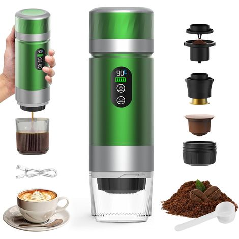 Machine à Cafe Portable,3 En 1 Cafetière à Expresso Chauffage Électrique,12V Expresso Cafetière Rechargeable,Pour Bureau,Voyage, Maison,Compatible avec les Capsules Espresso et Café Moulu, Vert