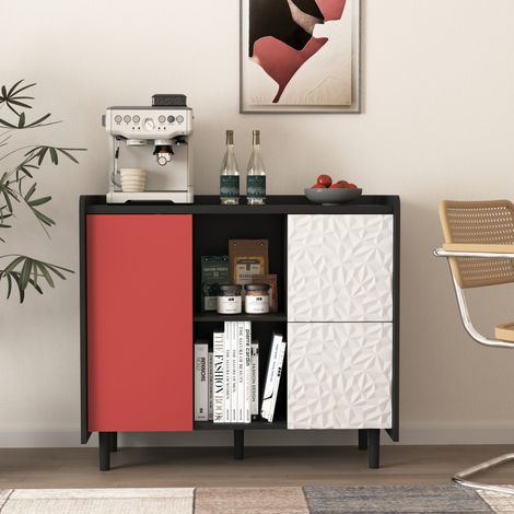 Buffet 90x40x80 cm en panneaux de bois noir et rouge, avec rangement pour salle à manger FloraGrace (1/5)