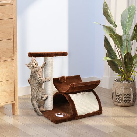 Arbre à chat 43 cm. Petit arbre à chat avec tunnel, plateforme en forme de U, griffoir avec planche à griffer, balle jouet, mobilier pour petits chats, marron.