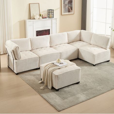 Canapé salon modulable 6 places corduroy beige 308 cm OKMYHOME (1/5)