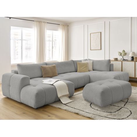 BOBOCHIC - Canapé panoramique convertible FUJI tissu bouclette avec pouf Angle gauche  Gris clair (1/5)