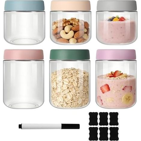 Lot de 6 Pots de Overnight Oats Jar, Pot en Verre Avec Couvercle, Pot de Yaourt, Verre Hermétiques Avec Couvercles pour Conserver L'avoine, Yaourt, Jus, Smoothie et les Céréales, 300 ml et 500 ml (1/5)