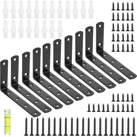 10 Pcs Equerre Etagere Murale Noire, Équerre Étagère Métal, Équerre de Fixation, Support Etagere murale, Équerres en L, Supports d'Étagère Noirs Flottants à 90 Degrés(125 x 75 mm) (1/5)