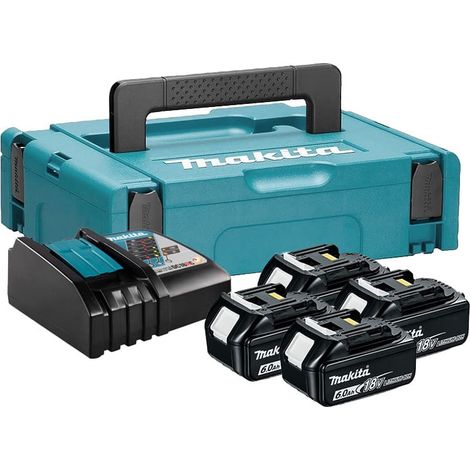 Makita – Pack de 4 batteries 18V Li-Ion 6.0Ah avec chargeur rapide DC18RC – Autonomie prolongée – Indicateur de charge – Coffret MakPac (1/3)