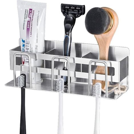 Porte Brosse à Dents en Acier Inox, Support Brosse à Dent Mural avec Porte-Gobelet, Support de Brosses à Dents et 3 Compartiments, Rangement Brosses à Dent, pour Salle de Bain Lavabo Dentifrice (1/5)