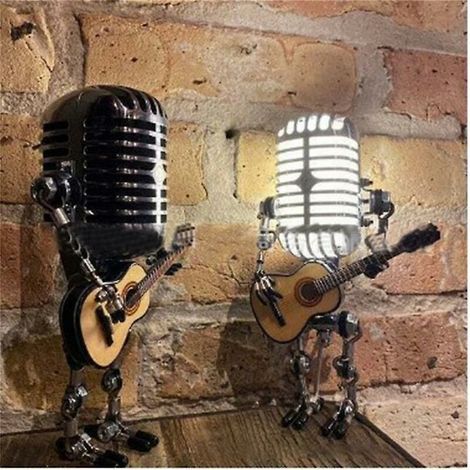 Usb Rétro Style Microphone Robot Lampe Tenant La Guitare Avec La Lumière Vintage Décoration De La Maison