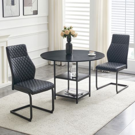[Ensemble de 2] Table de salle à manger ronde de 107 cm avec double étagère + 2 chaises de salle à manger à motif diamant noir, MDF + métal, style industriel pour les maisons européennes.