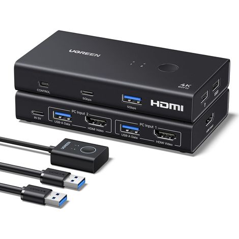 Switch KVM HDMI 2 Entrées 1 Sorties 4K 60Hz Double Affichage Commutateur KVM USB 3A +1C 3.0 5Gbps pour Clavier Souris Disque Dur Contrôleur de Bureau Câbles USB Inclus (1/5)