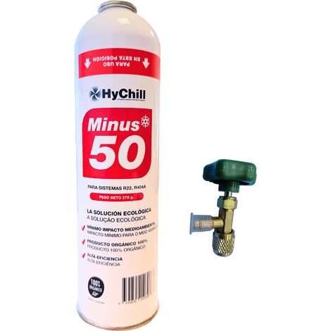 HYCHILL Minus 50 375g  Gas Orgánico Sustituto R22 R404 R407 R502  Incluye Válvula  Alta Eficiencia y Ecológico