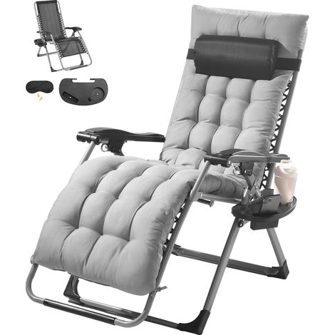 Fauteuil Inclinable Zéro Gravité, 645 mm, Transat Relax Jardin pour Intérieur Extérieur, Chaise Longue Anti-gravité Réglable avec Coussin, Appui-tête, Repose-pieds, Porte-gobelet, 226,8 kg, Gris (1/5)
