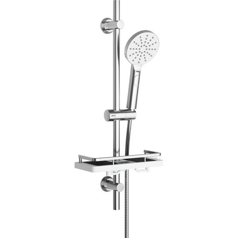 Görbach Barre de douche 304 inox 70 cm avec tablette de douche intégrée, douchette 3 jets et flexible, finition chromée (1/5)