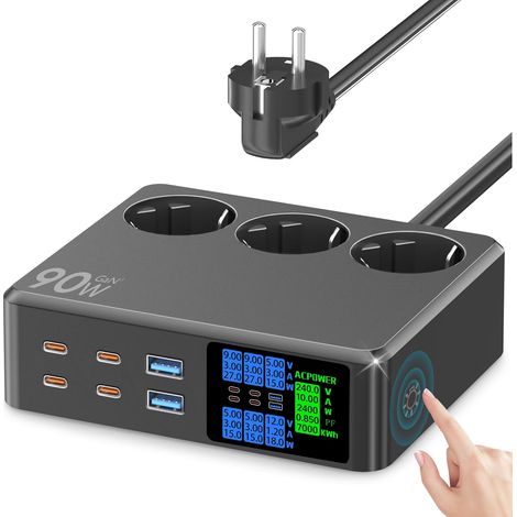 Multiprise avec USB C 6 Ports(90W) Prise Multiple 2500W avec Écran LED Bureau Multiprise Rallonge Electrique 1.2M Bloc Triple Prise USB Station de Charge PD Rapide Parafoudre Surtension, Noir (1/5)