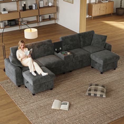 Divano a U in velluto a coste, completo di 2 poggiapiedi con contenitore, tavolino, 2 portabicchieri, 1 porta USB, 2 prese di corrente e 2 porte Type-C colore grigio (L315×A81×P135cm) (1/5)