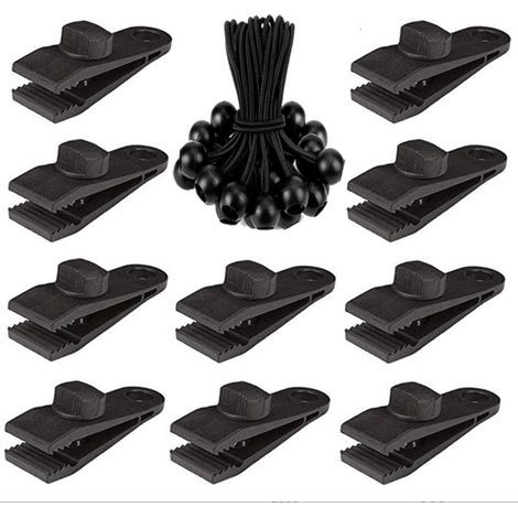 Lot de 20 clips pour bâche, comprenant 10 clips et 10 tendeurs élastiques. Accessoires de camping pour tente, couverture de piscine, bâche, auvent, tonnelle. (1/5)