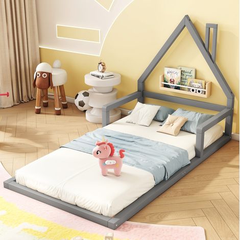Kinderbett 90x200 cm Aus Massivkiefer Und Mdf, Hausform Grau, Einfaches Und Sicheres Design (1/5)