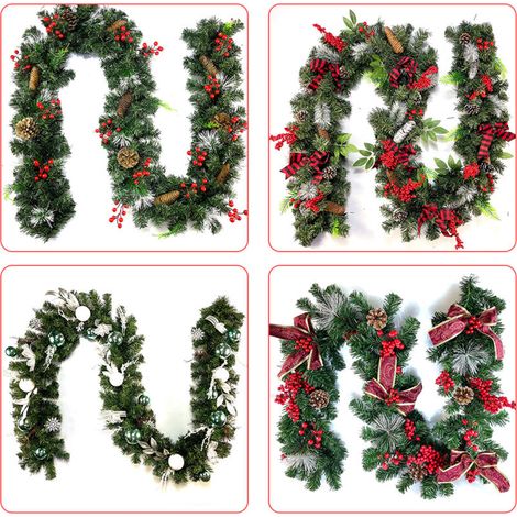 Guirlande de Noël de 9 pieds de long, guirlandes artificielles à suspendre en PVC flexible avec nœud papillon pour escaliers, rampe, cheminée, porche, porte, arbre, fournitures de fête de vacances.A (1/5)