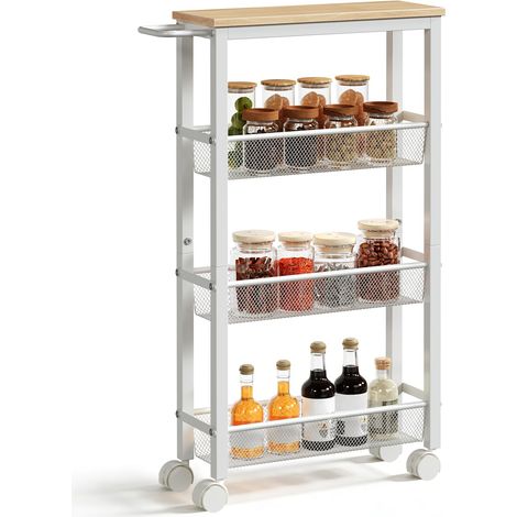 Chariot de Service à 4 Niveaux avec roulettes et Pieds Réglables, Chariot Mobile avec Barrières, Chariot de Cuisine, Chariot de Bar, pour Cuisine, Salon, Blanc et Couleur Bois (1/5)