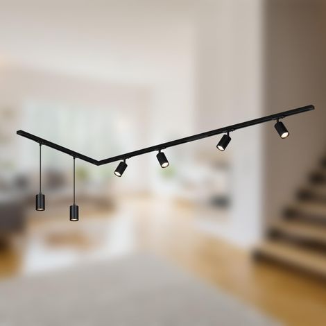 Kit complet pour système de rail - 4 spots GU10 orientables - 2 suspensions GU10 - En forme de L - Système de rail lumineux - Plafonnier - 2,25 m - Noir (1/5)