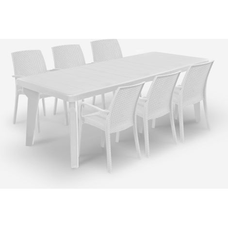 Bica – Ensemble table extensible 160-220cm – 6 chaises empilables en polypropylène – Résistant aux intempéries – Design moderne pour jardin