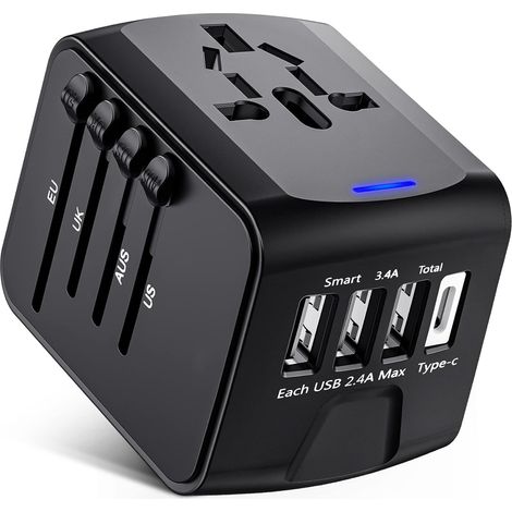Adaptateur de voyage, adaptateur universel avec ports USB Type-C+3 et prise d'alimentation, adaptateur pour plusieurs pays (1/4)