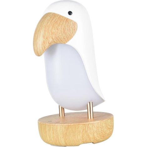 Veilleuse rechargeable USB à intensité variable avec haut-parleur, design oiseau en bois, finition blanche, idéale pour la chambre et le camping. (1/5)