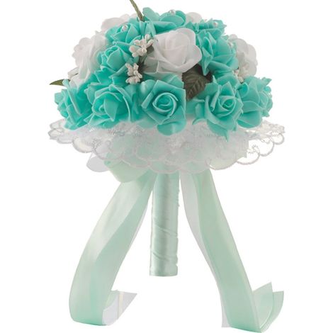Bouquet artificiel - Roses artificielles - 25 x 20 cm - Tige en satin - Décoration mariage fête bureau - 1 pièce - Bleu Tiffany (1/3)