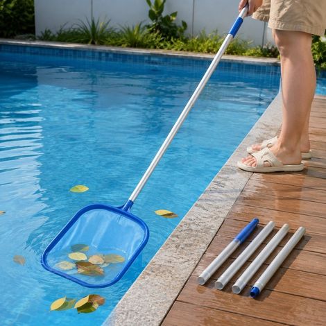 Épuisette de Surface Piscine 27 x 154,5 cm PVC Bleu avec Manche Télescopique (1/5)