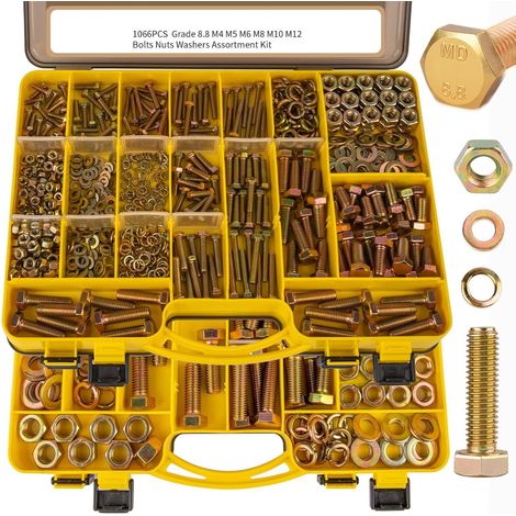 Coffret de boulonnerie 1066 pièces – Assortiment de boulons à tête hexagonale extérieure classe 8.8 avec écrous, rondelles plates et rondelles élastiques Grower, en acier carbone zingué jaune, kit de (1/3)