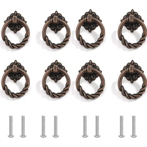 Lntyq Lot de 8 poignées d'armoire rétro en alliage de zinc - Poignées de meubles vintage - Poignées de tiroir - Anneaux avec vis - Pour cuisine, inclinée, coiffeuse (bronze) (1/5)