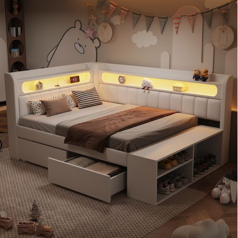 Lit de repos tapissé 90/200 cm blanc en MDF et contreplaqué avec rangement pour chaussures et tiroirs (1/5)