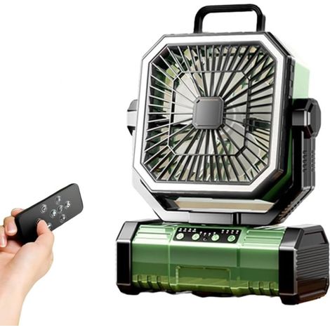 Ventilateur de camping portable avec télécommande, éclairage et crochet pour tente, batterie rechargeable, 4 vitesses, minuterie (vert) (1/3)