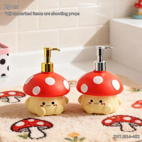 (Zhtj014-452-450 ml) Flacon distributeur à pression en forme de champignon à pois rouges kawaii pour savon et lotion - Décoration pour salle de bain, cuisine, bureau et maison (1/5)