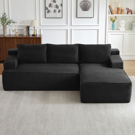 Canapé d'angle convertible en L avec poches latérales,canapé 4 places en velours côtelé,assise profonde,Canapé convertible modulable,Gris foncé