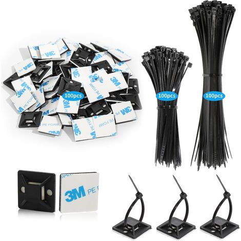 200 fascette nere 100/150 mm con 100 elementi di fissaggio autoadesivi per fascette 24x24 mm, fascette con potenti cuscinetti autoadesivi, fascette AquaForge (1/5)