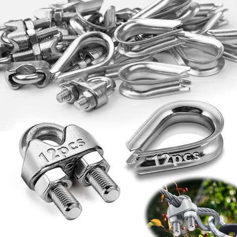 24 Pièces Serre Cable Inox 3mm - 12 Pièces Serre Câbles et 12 Pièces Cosses de Câble Metallique M3 Inoxydable A4(V4A) DIN741 U Boulon Clip de Câble Clips pour Corde à Linge Auvent Fixe (1/5)