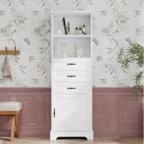 Mueble de baño 56 x 25,6 x 167 cm, 3 cajones, estantes regulables, blanco DESVIAE (1/5)