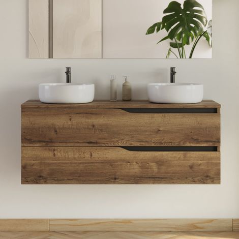 Meuble de salle de bain 120cm avec plateau et 2 vasques à poser Ares - 2 tiroirs - sans miroir - tabaco (chêne foncé) - LUNA (1/5)
