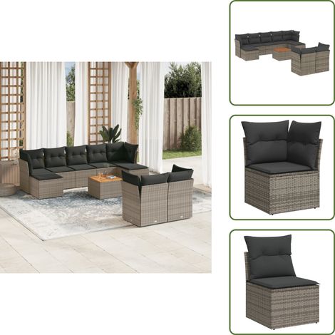 The Living Store 10-tlg. Garten-Sofagarnitur mit Kissen Grau Poly Rattan - Gartenmöbel - Outdoor Möbel - Rattan Gartenmöbel - PE-Rattan - Esstisch Set (1/5)