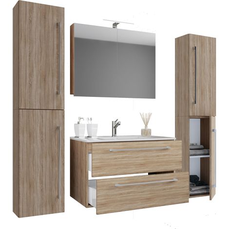 Ebuy24 – Ensemble de meubles de salle de bain 5 pièces – Armoire de base avec 2 tiroirs – Évier en céramique – Miroir en verre de sécurité – Dimensions 150x130x46 cm (1/2)