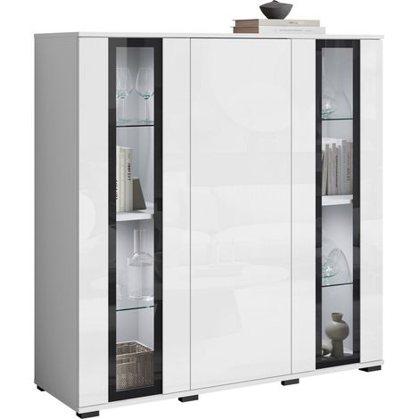 Buffet Torcame 100, Blanc + Blanc brillant, 122x120cm, Le nombre de portes: 040cm, Stratifié, Verre trempé, LED: Disponible (1/5)