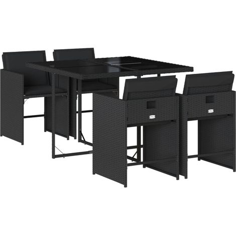 Vidaxl – Ensemble table et chaise de jardin 5 places – Résine tressée noire – Coussins amovibles et lavables – Table en verre trempé