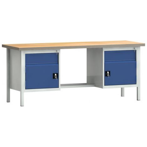 Établi PW 700 l.2000xP700xH840 mm hêtre Multiplex gris clair, RAL 7035 bleu gentiane, RAL 5010 2 tir. 2 portes