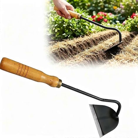Houe creuse en acier trempé, houe japonaise de jardin, faucille désherbeuse, outil de désherbage manuel tranchant acier composite avec manche bois (1/5)